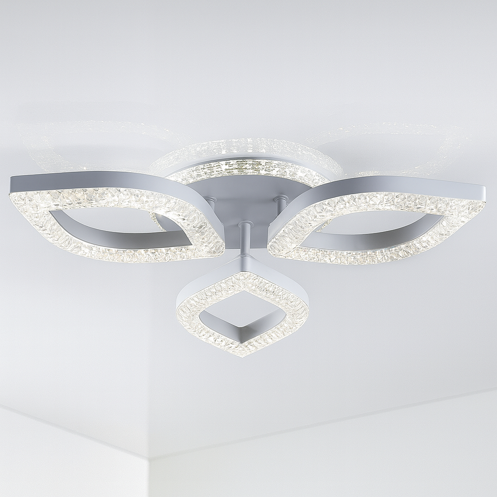 Світлодіодна люстра з пелюстками Splendid Ray 120 Вт у вітальні 20 м² (Дніпро): білий корпус, акрил, регульована яскравість і тепле світло створюють м’яке сяйво та комфортну атмосферу вечора