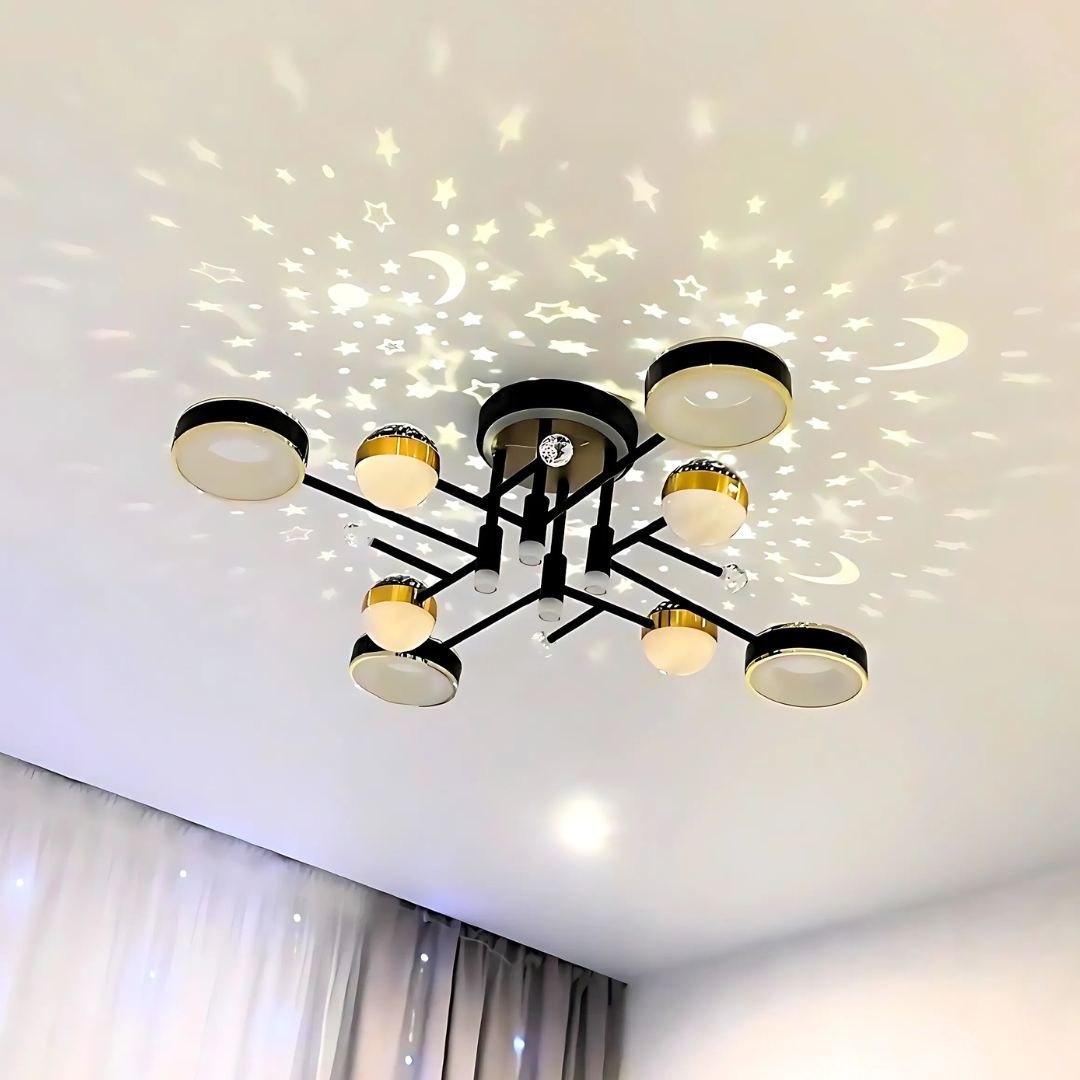 Світлодіодна люстра Зоряне небо 84W у стилі хай-тек, чорний і золотий колір, на стелі, освітлення до 17 м²