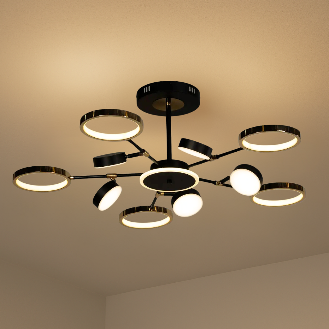 Світлодіодна люстра хай тек SY-16057/5+5+1 BK+FGD з пультом і димером, чорна з золотом, освітлення до 30 м², 184 Вт