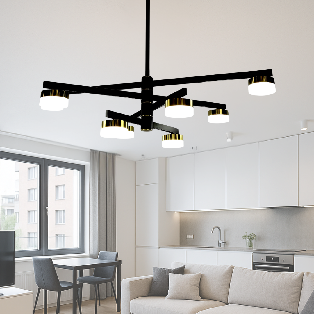 Стельова LED люстра Loft, хай тек, хайтек BO-2596/8, 8 джерел, чорний + золото, сучасний дизайн для квартири-студії, вітальні, офісу, освітлення до 20 м², Україна