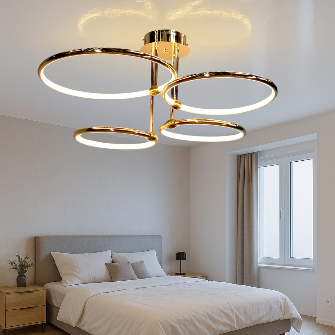 Сучасна стельова світлодіодна люстра з кільцями, LED 74W, золото, акрил, стиль хай тек, для студії, вітальні, кухні, офісів, Україна, освітлення до 25 м²