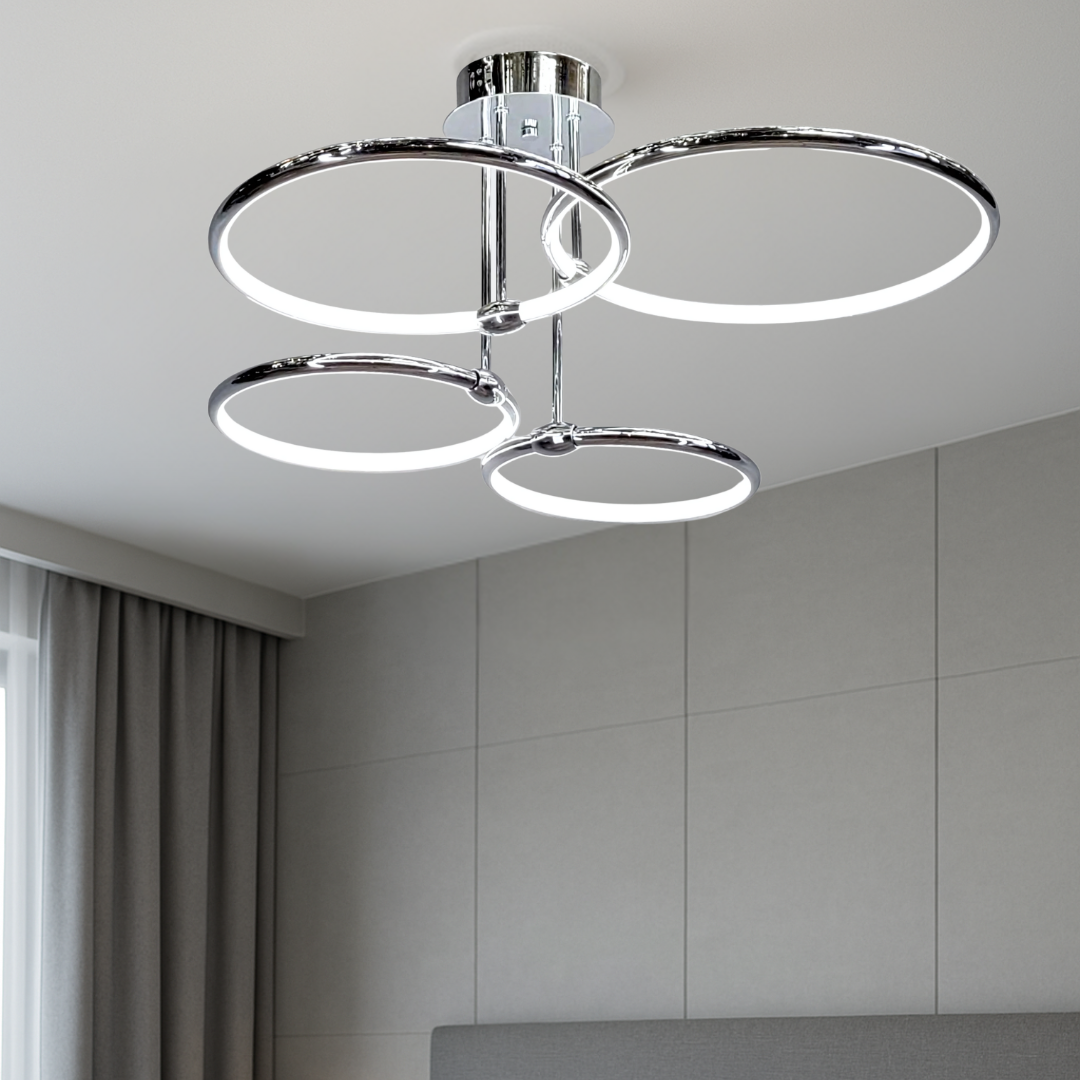 Сучасна світлодіодна люстра хай тек LED, 74W, білий акрил, хромована основа, чотири кільця різного діаметру, стильний дизайн для кухні, спальні чи вітальні, монтаж на низьку стелю, купити з доставкою по Україні