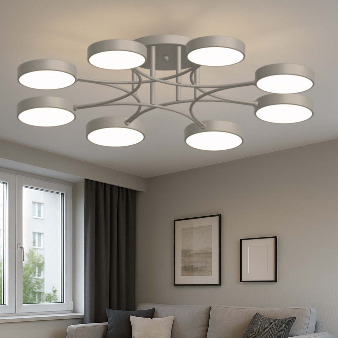 Сучасна стельова LED-люстра для залу Sirius B X13266/8 GREY, вісім сірих акрилових плафонів, хай тек, мінімалізм, стильний світильник для великих приміщень і студій, купити з доставкою по Україні, Київ, Одеса, Дніпро