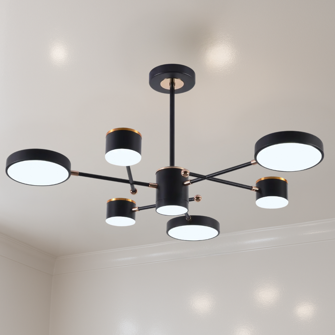 Сучасна стельова люстра Sirius B X13287/6 BK+FGD у стилі хай тек, шість акрилових плафонів чорного та золотого кольору, для вітальні, кухні, спальні і студії, метал, сучасний дизайн