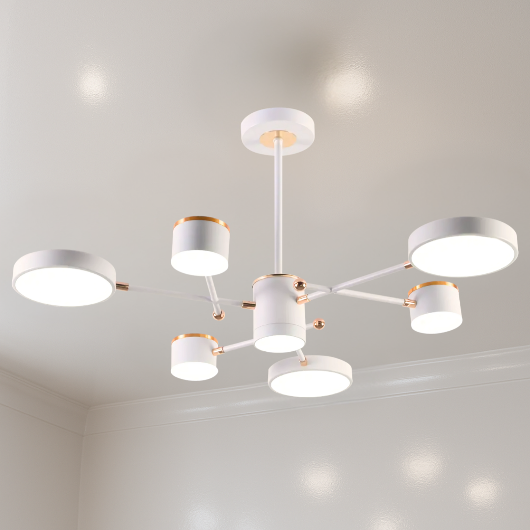 Люстра хайтек Sirius B X13287/6 WT+FGD, сучасна стельова люстра білого та золотого кольору з шістьма акриловими плафонами, стиль хай тек, для кухні, вітальні та спальні, метал, сучасний дизайн