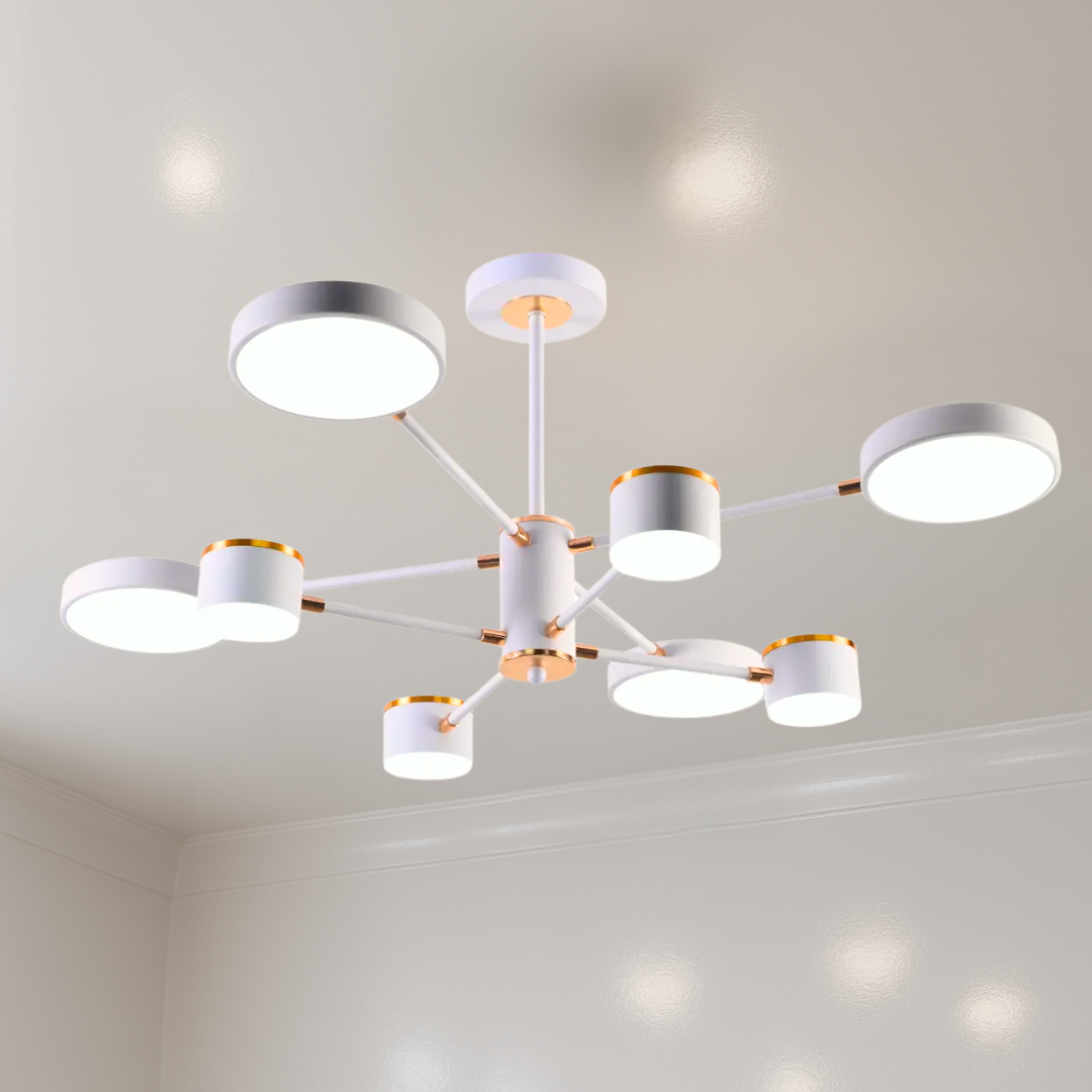 Сучасна стельова люстра Sirius B X13288/8 WT+FGD у стилі хай тек з вісьмома акриловими плафонами білого та золотого кольору, світлові промені, для вітальні, кухні та залу, метал, сучасний дизайн