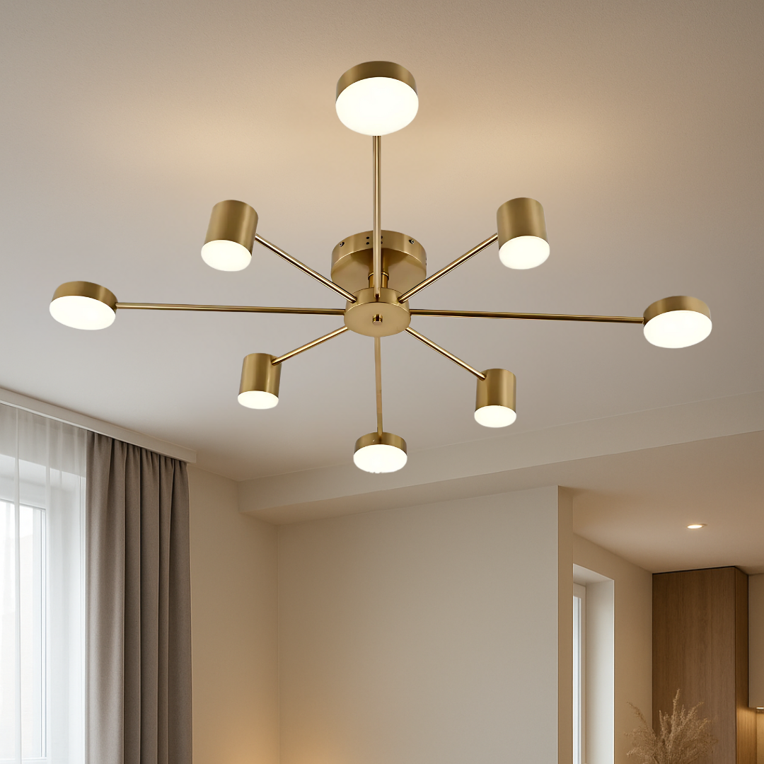 Сучасна стельова LED люстра, золото, акрилові плафони, 8 ламп, керування з пульта, три режими кольору, стиль хай тек, квартира до 18 м², доставка по Україні