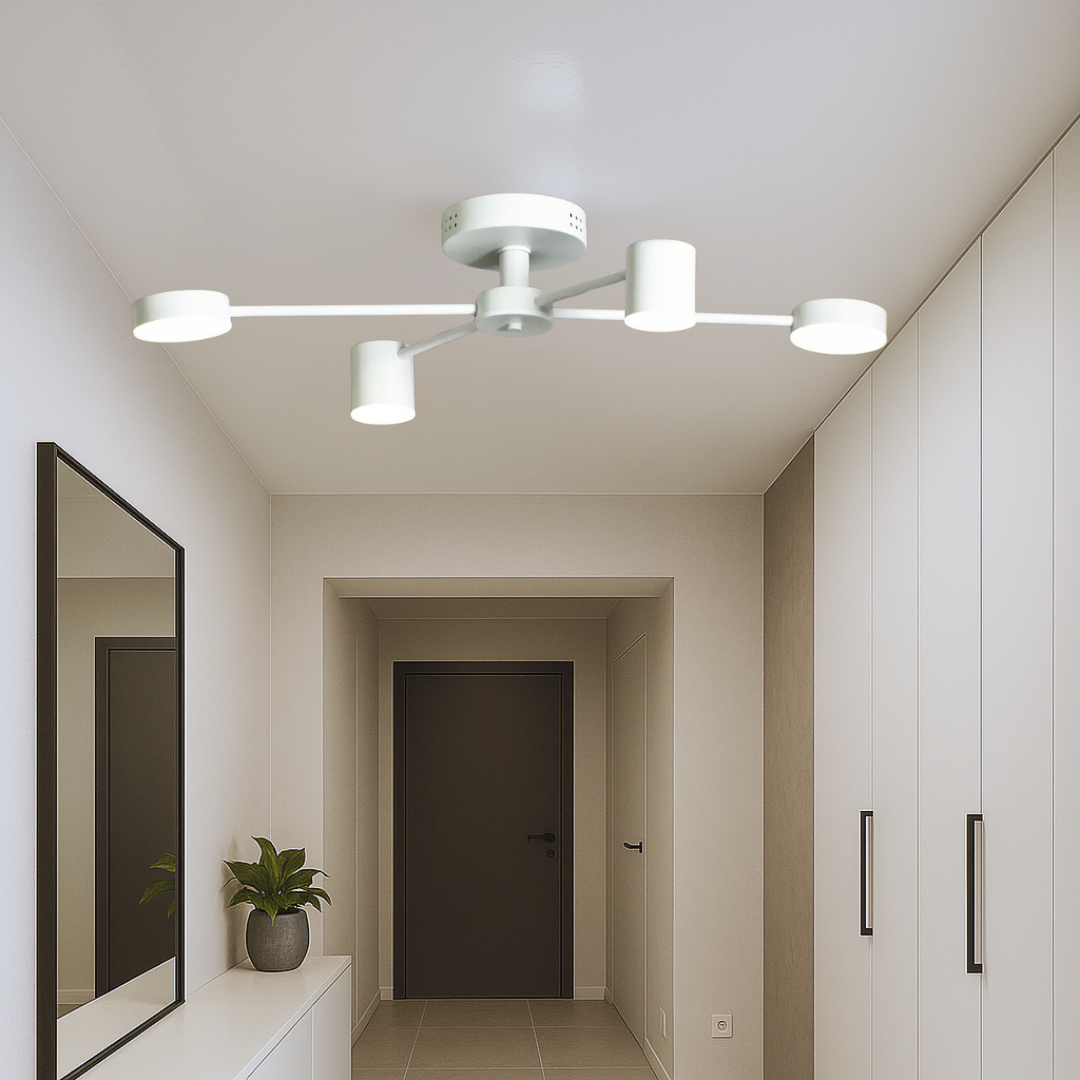 Люстра хай тек для коридору, білий корпус, чотири LED-джерела, димер, пульт, монтаж на низькій стелі, стиль лофт, Львів, економічне освітлення