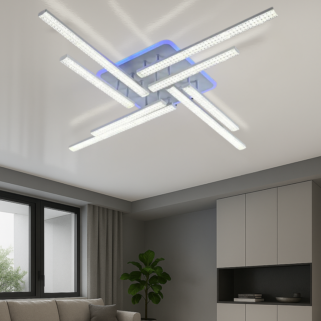 Світильник стельовий Лед Лучі, біла LED люстра 8 джерел, багатокольорове підсвічування, акрилові елементи, стиль хай тек, монтаж на планку, Запоріжжя, сучасний інтер’єр