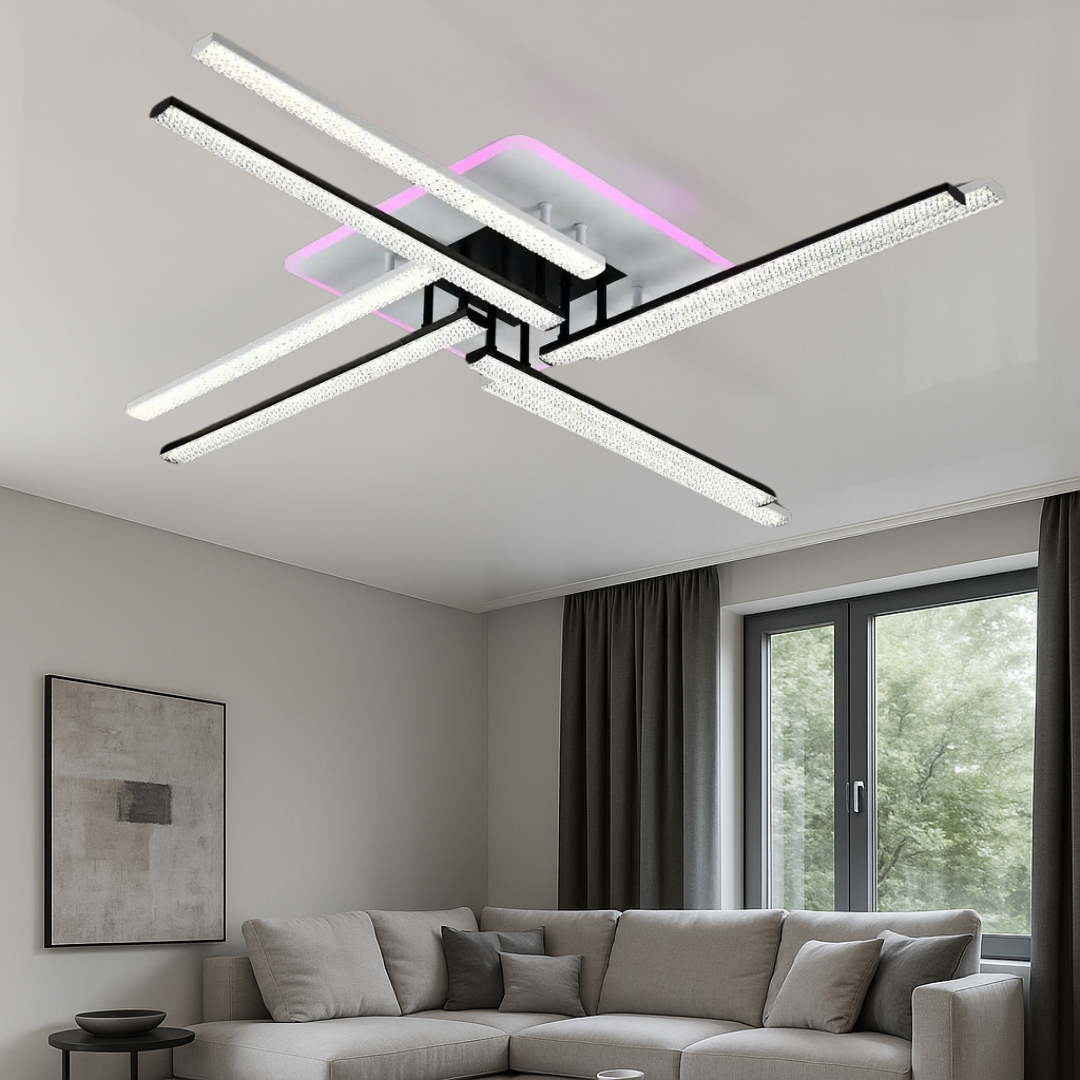 Світлодіодна люстра промені SY-16088/8C WH+BK+PK/BU, 8 LED, білий і чорний корпус, акрилові плафони, сучасна кухня або вітальня в Києві, освітлення до 35 м², пульт