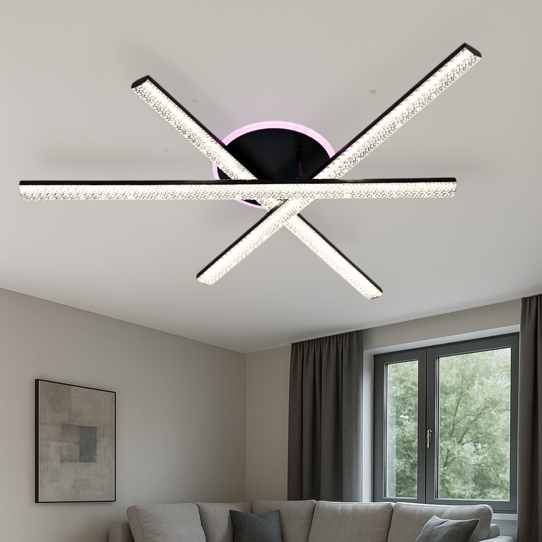 Дизайнерська люстра промені SY-16088/3C BK+PK/BU, LED 88W, три акрилових плафони, чорний корпус, сучасний інтер’єр кухні чи вітальні в Україні, освітлення до 18 м², пульт