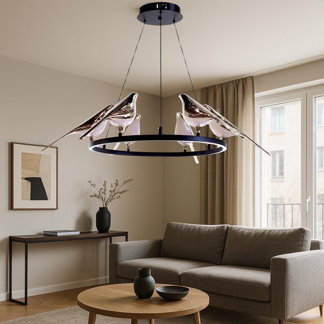 Підвісна LED люстра з пташками на чорному-хромованому кільці, регульована висота, сучасний інтер’єр вітальні, Одеса.