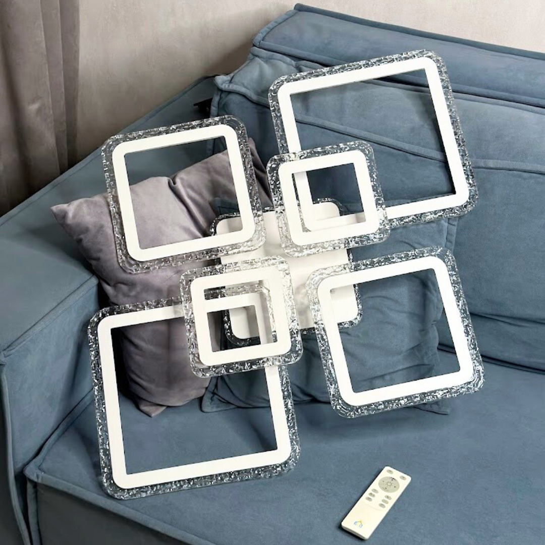 Квадратна світлодіодна люстра OVAL ICE, 120 Вт, білий алюміній, матовий акрил, RGB-підсвітка, керування зі смартфона та пульта, вітальня чи кухня, сучасний інтер’єр, квартира, Хмельницький.