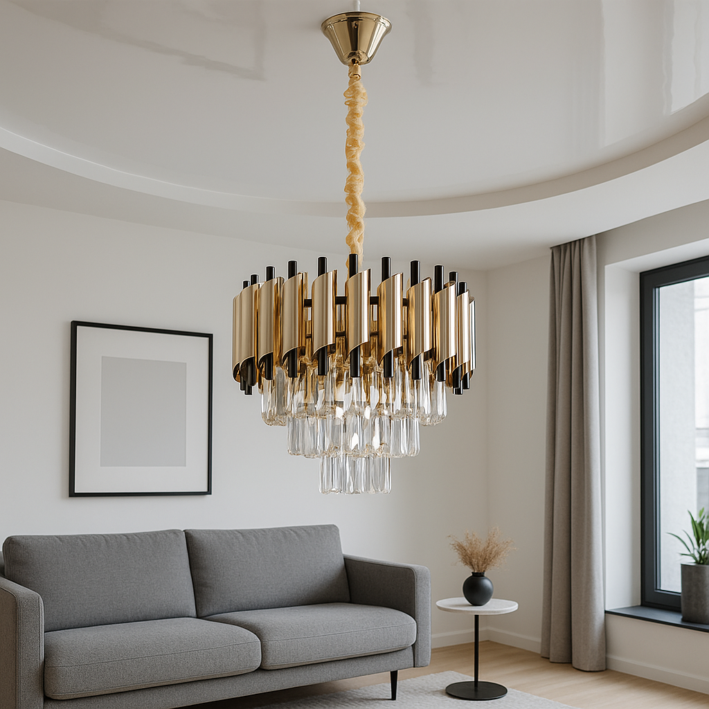 Хрустальная подвесная люстра на 5 ламп E14, золото и чёрный хром, кристаллы, цепь 45 см, современная спальня