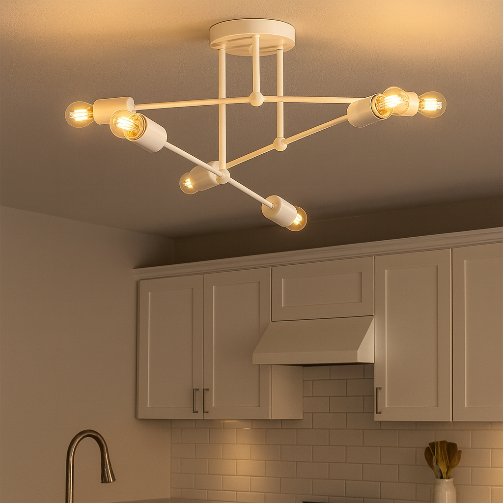 Белая люстра LOFT на 6 ламп, кухня 16 м² в Киеве, декоративная геометрия, мягкий свет 3000К, подчёркивает зону приёма пищи.