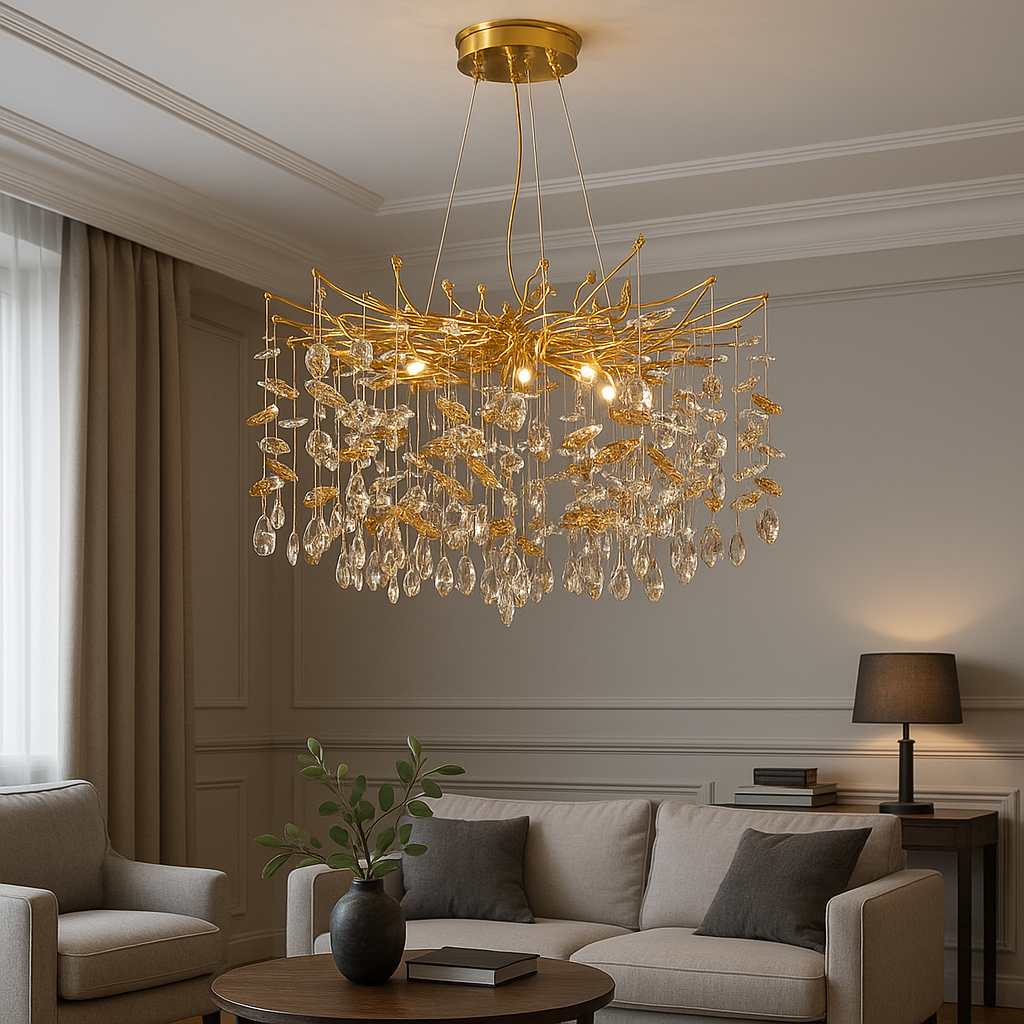 Хрустальная люстра в классическом стиле, корпус золото, подвески прозрачные и шампань, для зала 20 м², натяжной потолок.