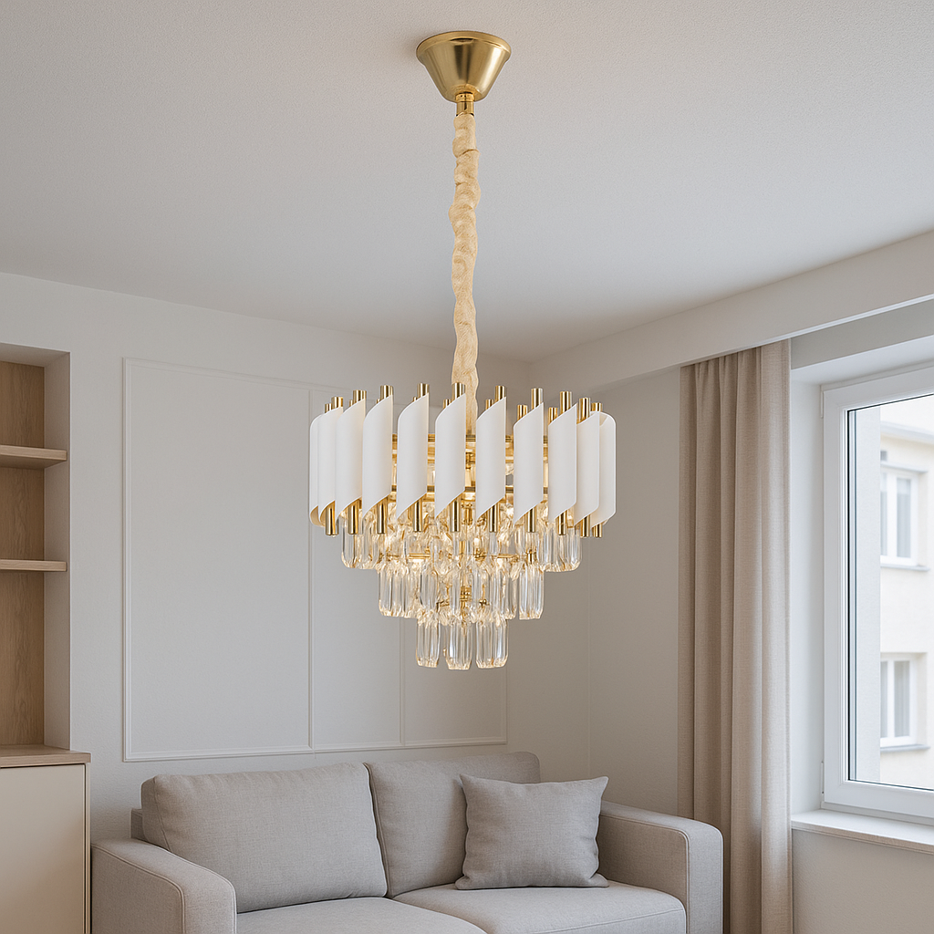 Подвесная люстра в гостиной, бело-золотой корпус, хрусталь, элегантный интерьер, мягкое освещение, площадь до 20 кв.м.