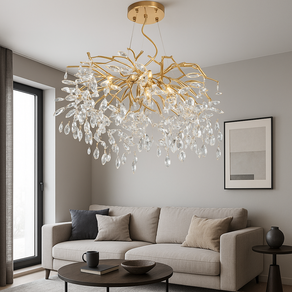 Классическая хрустальная люстра в зал, 8 ламп E14, корпус золото, прозрачные кристаллы, интерьер светлой гостиной, Одесса, ширина 60 см, крепление на планку.