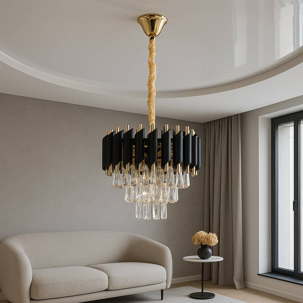 Эффектная люстра для спальни, чёрный с золотом, хрустальные элементы, диаметр 38 см, современный интерьер, фото при дневном освещении.