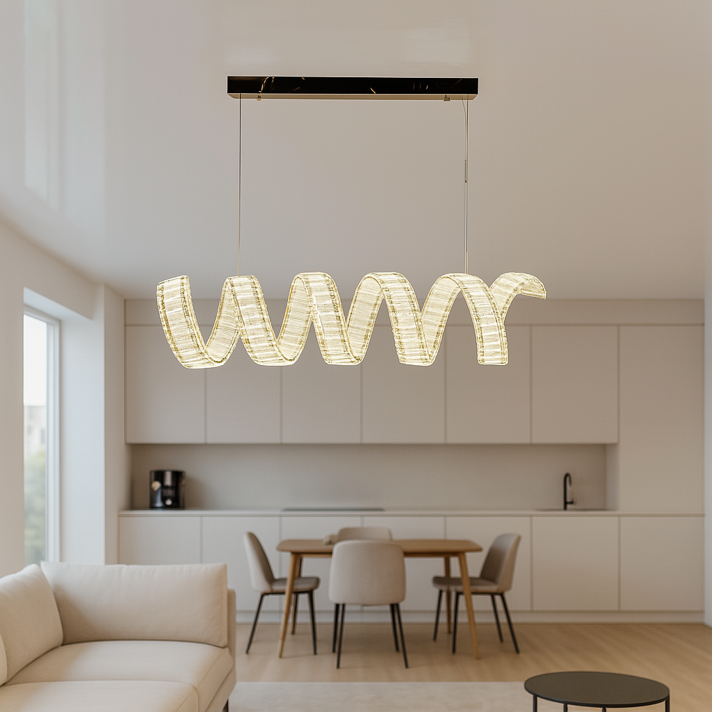 Спиральная LED люстра с пультом и димером — установленная в гостиной с высокими потолками, подчёркивает зону отдыха, золотое основание и прозрачное стекло усиливают визуальный акцент в интерьере.