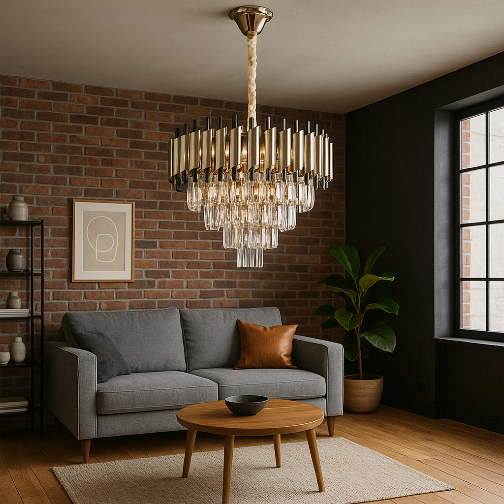 Люстра у вітальню класика із золотим та чорним хромованим корпусом, багатоярусними прозорими кришталевими підвісками, 9 лампами E14, інтер’єр у стилі лофт із цегляною стіною і сірим диваном, акцентний стельовий світильник для сучасного залу
