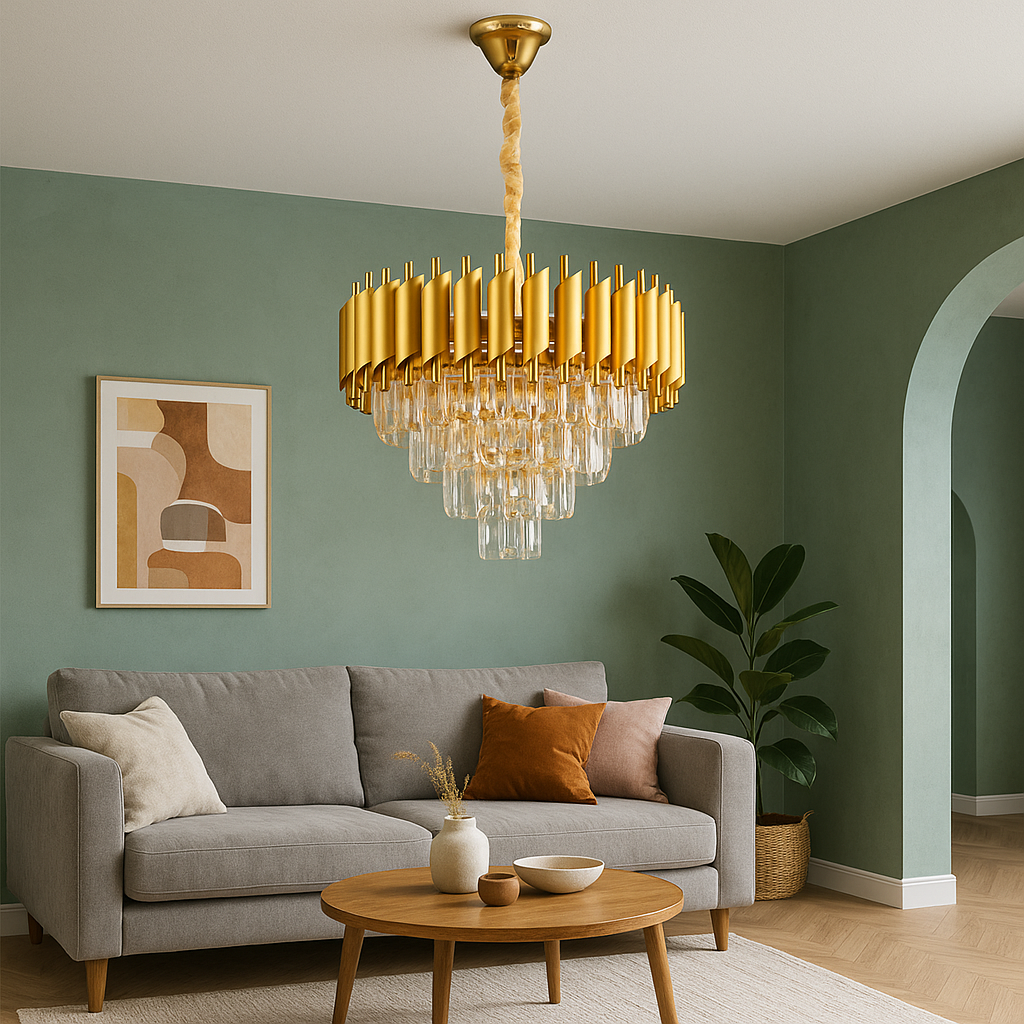 Люстра підвісна класика із золотим корпусом, багатоярусними прозорими кришталевими підвісками, 9 лампами E14, встановлена у світлій вітальні із зеленими стінами та бежевим диваном; ідеально підходить для залу, сучасний та класичний інтер’єр, декоративний світильник для стелі