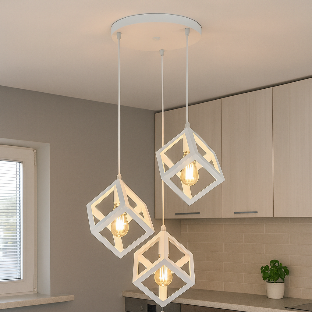 Люстра подвесная в форме белых металлических кубов, 3 лампы Е27, установлена в кухне в Чернигове, минималистичный интерьер, дизайнерский акцент, креативный светильник.