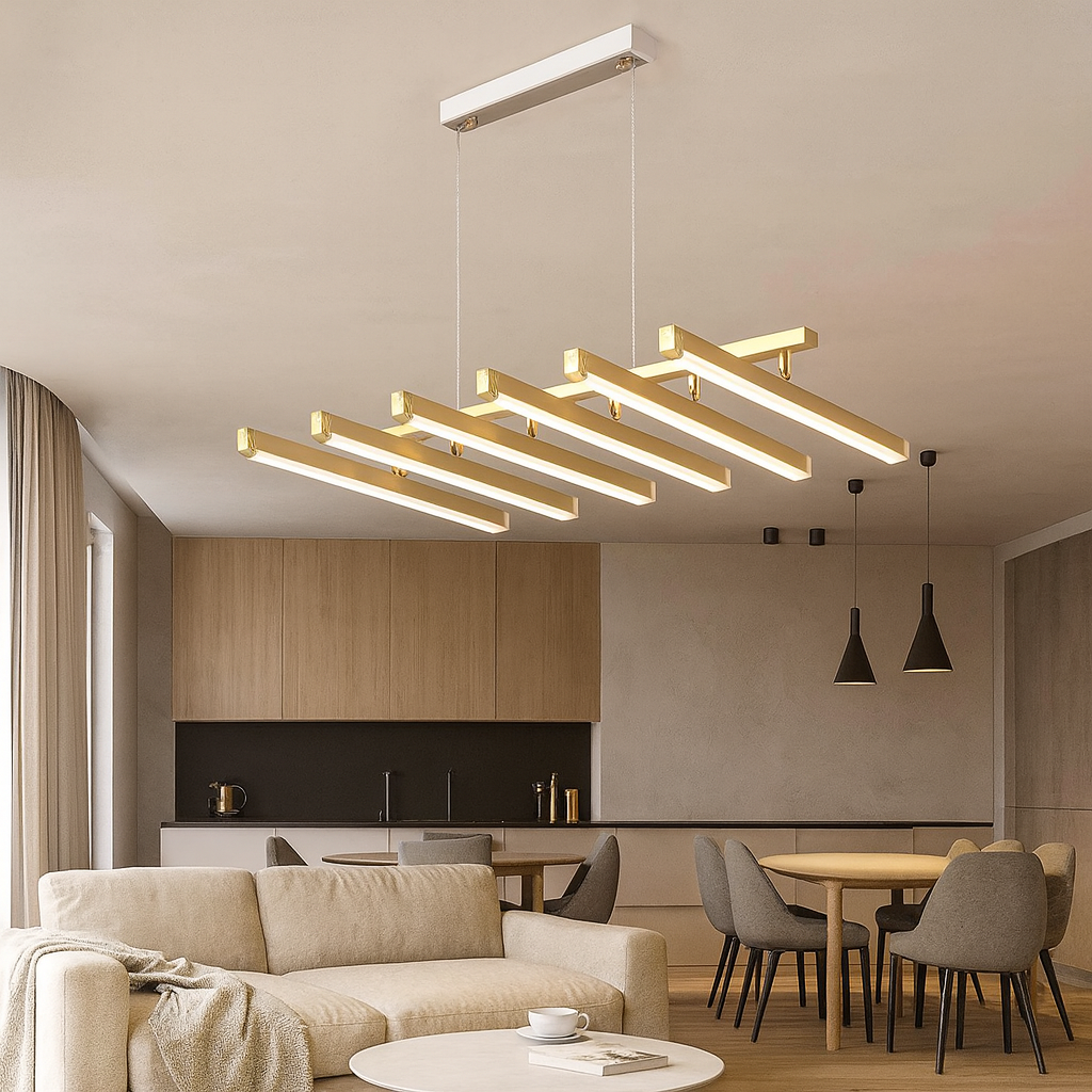 Фотовизуализация люстры на потолке в современной квартире-студии, квадратное изображение