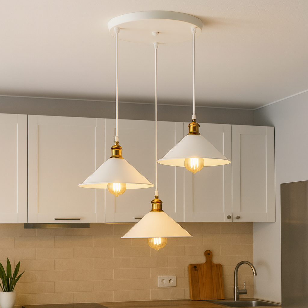 Люстра подвесная белая металлическая, 3 конусных плафона, круглый потолочный крепёж, установлена в столовой во Львове, светлый интерьер, рассеянный тёплый свет, минимализм.