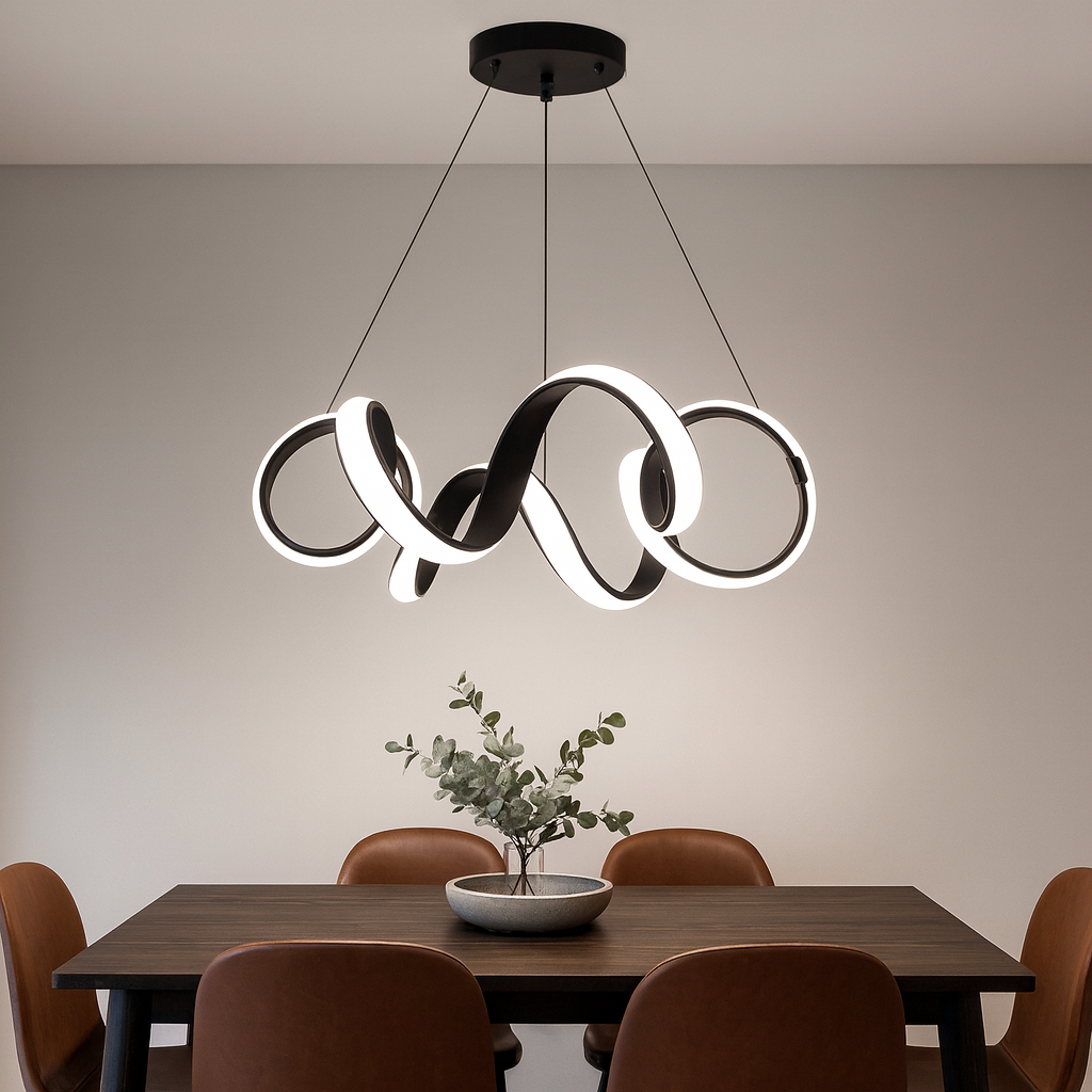 Фотовизуализация люстры на потолке над обеденном столом, квадратное изображение