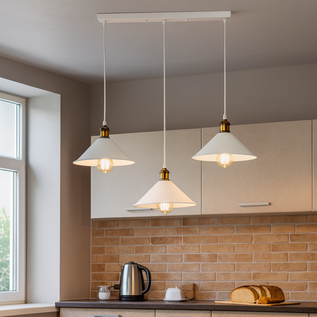 Люстра подвесная белая на планке с тремя металлическими плафонами, установлена на кухне в Луцке, направленный тёплый свет, стиль сканди, акцент над обеденной зоной.