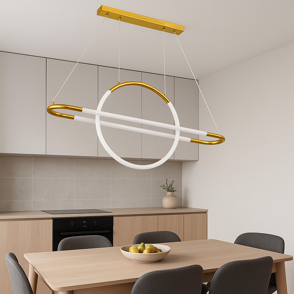 Круглая подвесная люстра Sirius N H3913, белый LED светильник с золотыми акриловыми акцентами, интерьер современной кухни или гостиной, длина 85 см, освещение 20 кв.м