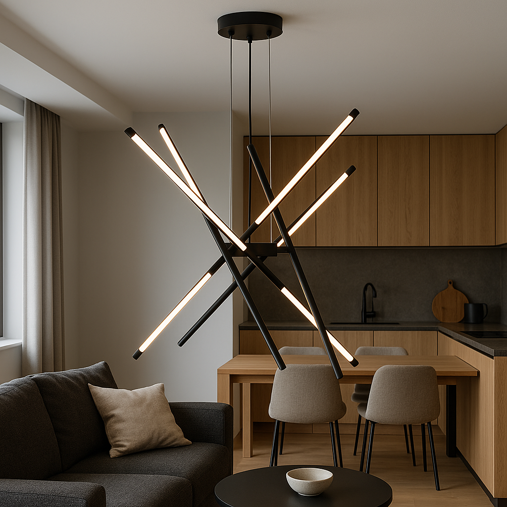 Підвісна LED-люстра на 10 джерел, чорний корпус, абстрактна форма, пластик, три режими освітлення, висота до 187 см, сучасний інтер'єр кухні чи студії