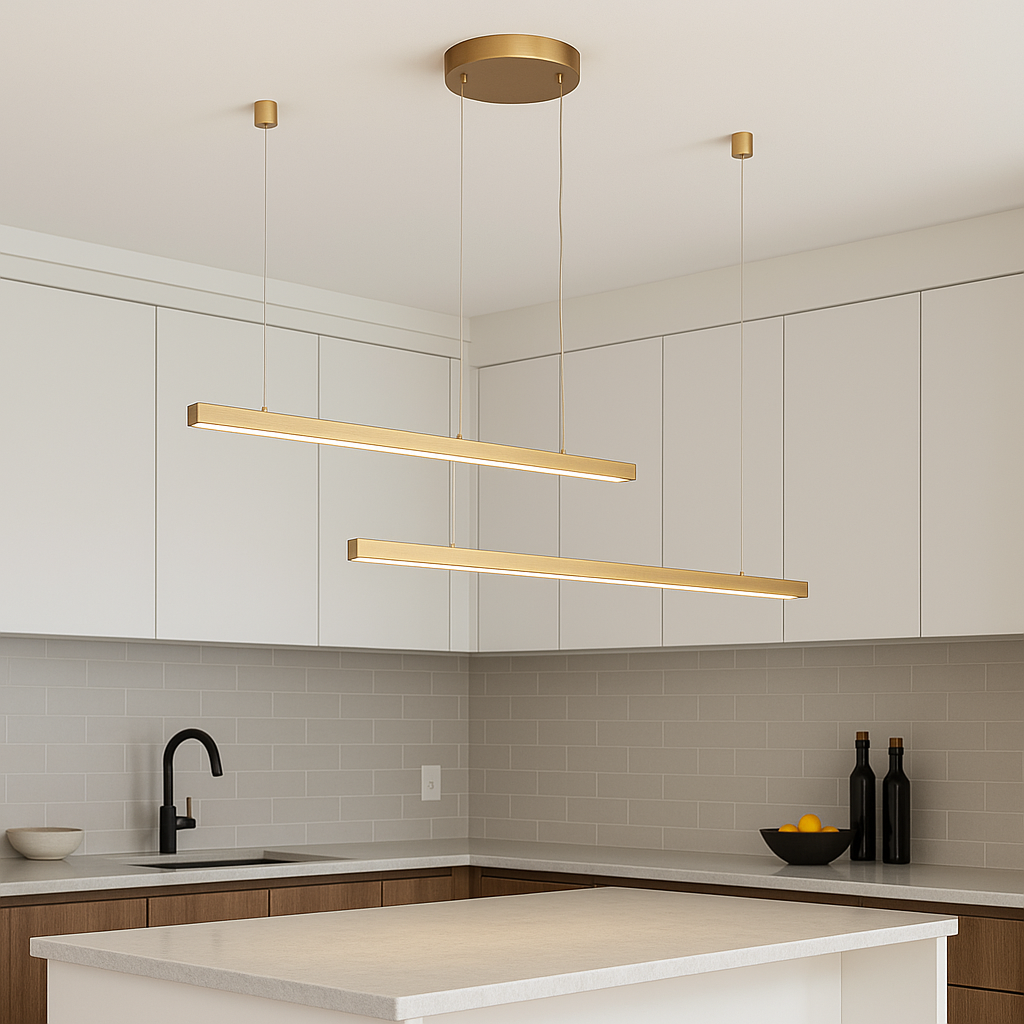 Подвесная линейная люстра Levistella на двух золотых планках, с белыми матовыми рассеивателями, установлена над островом современной кухни-студии. Свет мягко зонирует столешницу, подчёркивает минимализм и уют.