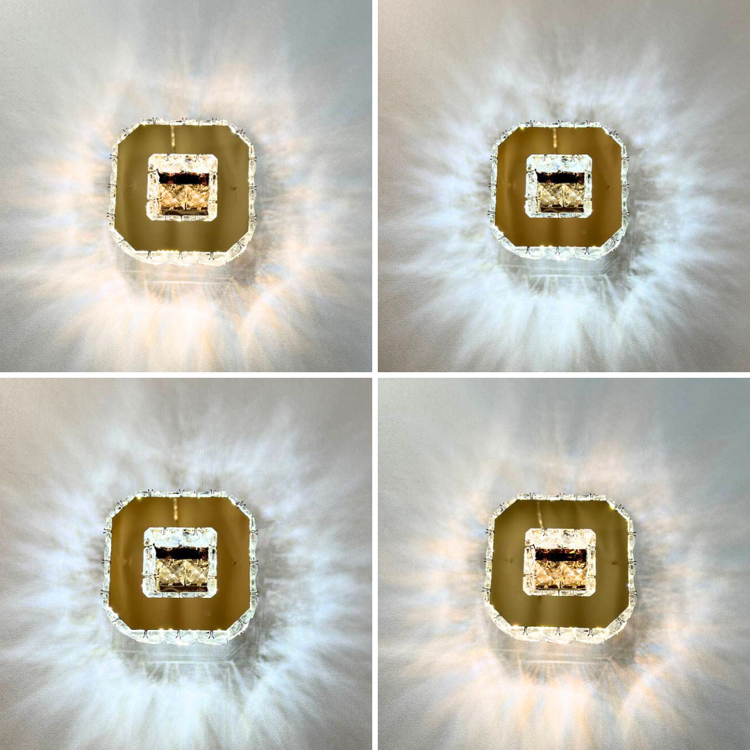 LED бра Diasha 9603G в золотом цвете с хрустальным стеклом, установленное в интерьере квартиры в Киеве. Эффектные блики и уютный тёплый свет, 15 см шириной.