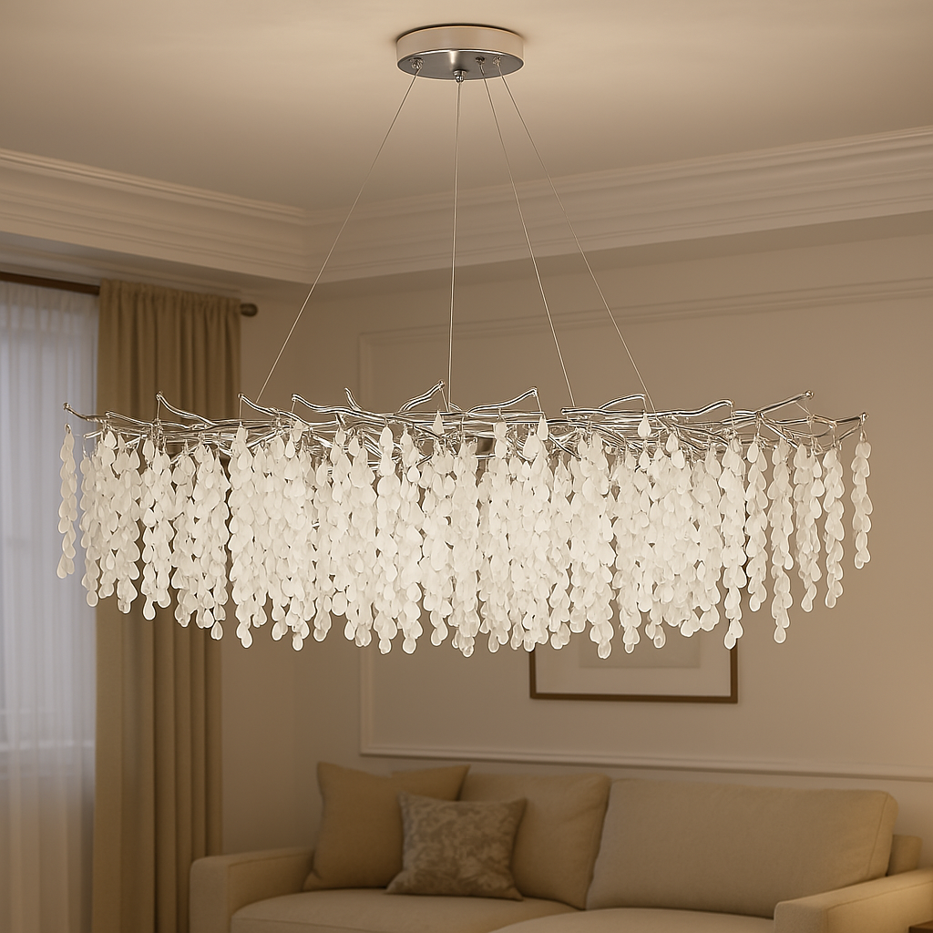 Сучасна підвісна люстра з матовими підвісами-краплями та металевим каркасом — стильне освітлення для вітальні, зали або їдальні. Ефектна люстра у стилі модерн з декоративними скляними елементами на тросовому кріпленні.