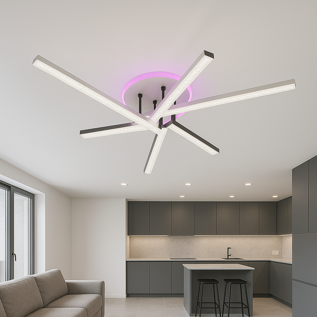 Люстра промені для кухні SY-16088/3+3C WH+BK+PK/BU, 6 діодних LED-променів, акрилові плафони, білий і чорний корпус, сучасний інтер’єр, кухня-студія в Києві, освітлення до 19 м², пульт