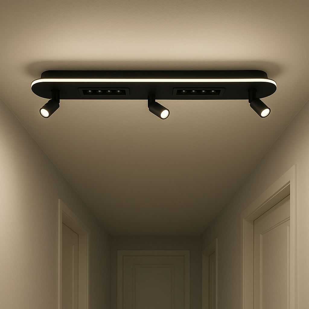 Смарт-світильник лед SHEFFIELD для передпокою, люстра хай тек, чорний алюміній, акцентні споти, пульт, регулювання яскравості й кольору, сучасний коридор