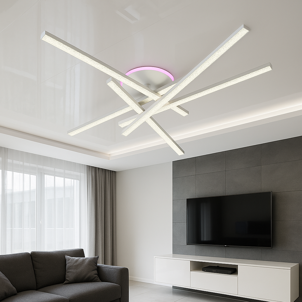 Світлодіодна люстра хай тек SY-16088/5C WH+PK/BU, білий корпус, акрилові плафони, RGB-підсвічування, сучасна вітальня з натяжною стелею, інтер'єр мінімалізм, зона відпочинку, керування з пульта, освітлення до 25 м