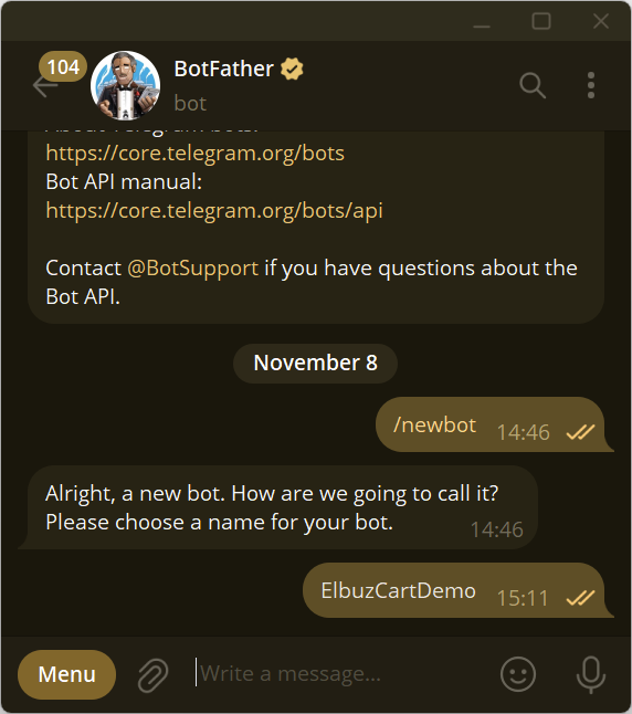 Setting up a Telegram bot for the ElbuzCart store
