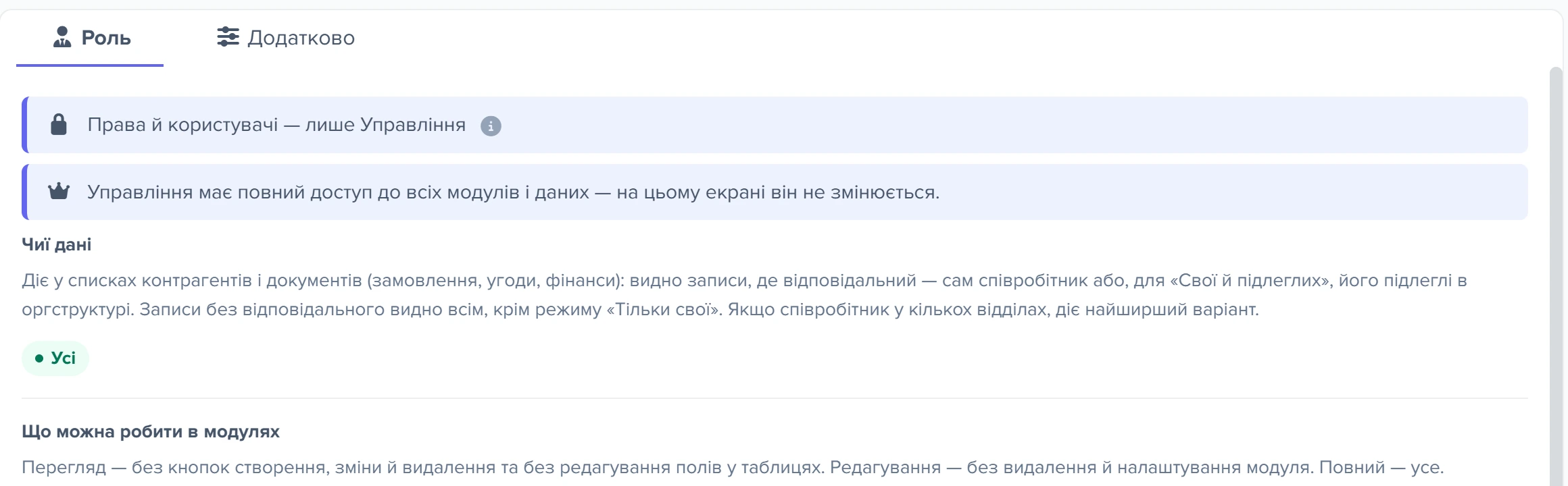 Вкладка «Роль» у «Відділу управління, керівники»: повний доступ без перемикачів