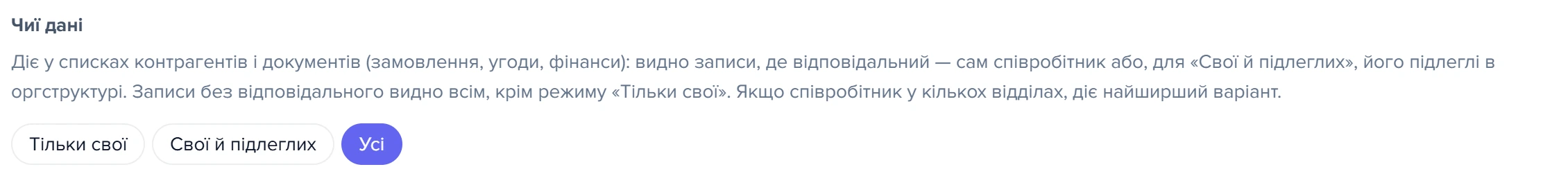 Блок «Чиї дані» з підказкою і варіантами «Тільки свої», «Свої й підлеглих», «Усі»
