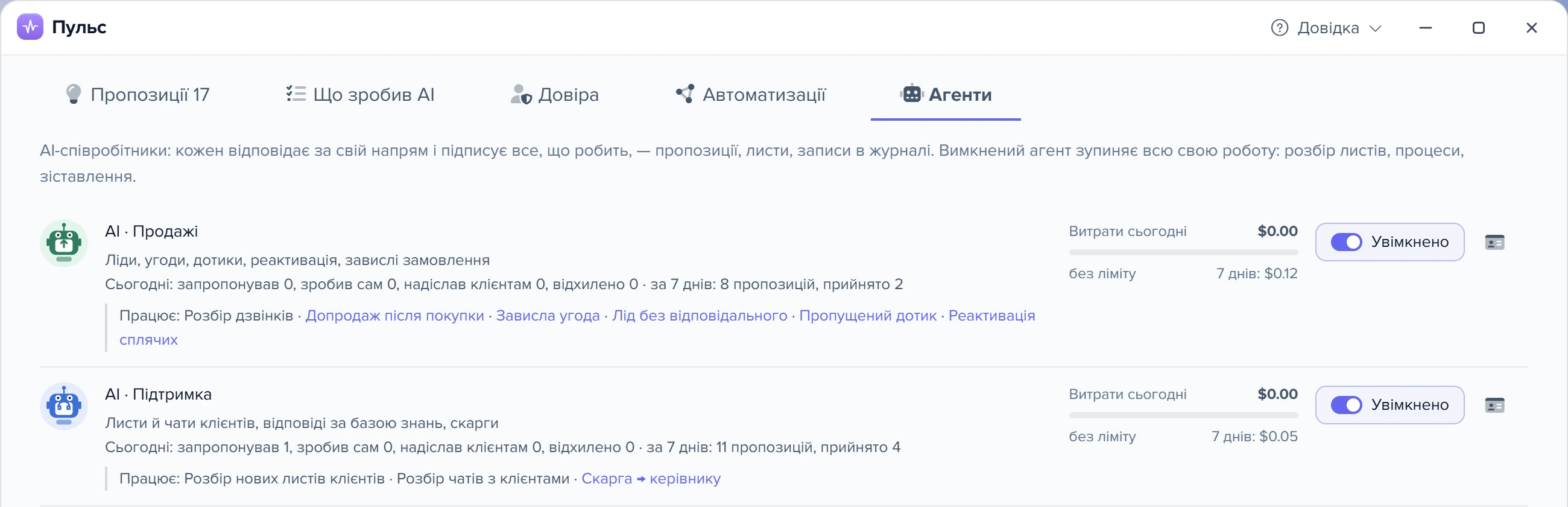 «Пульс», вкладка «Агенти»: AI · Продажі й AI · Підтримка з переліком роботи, витратами й перемикачем «Увімкнено»
