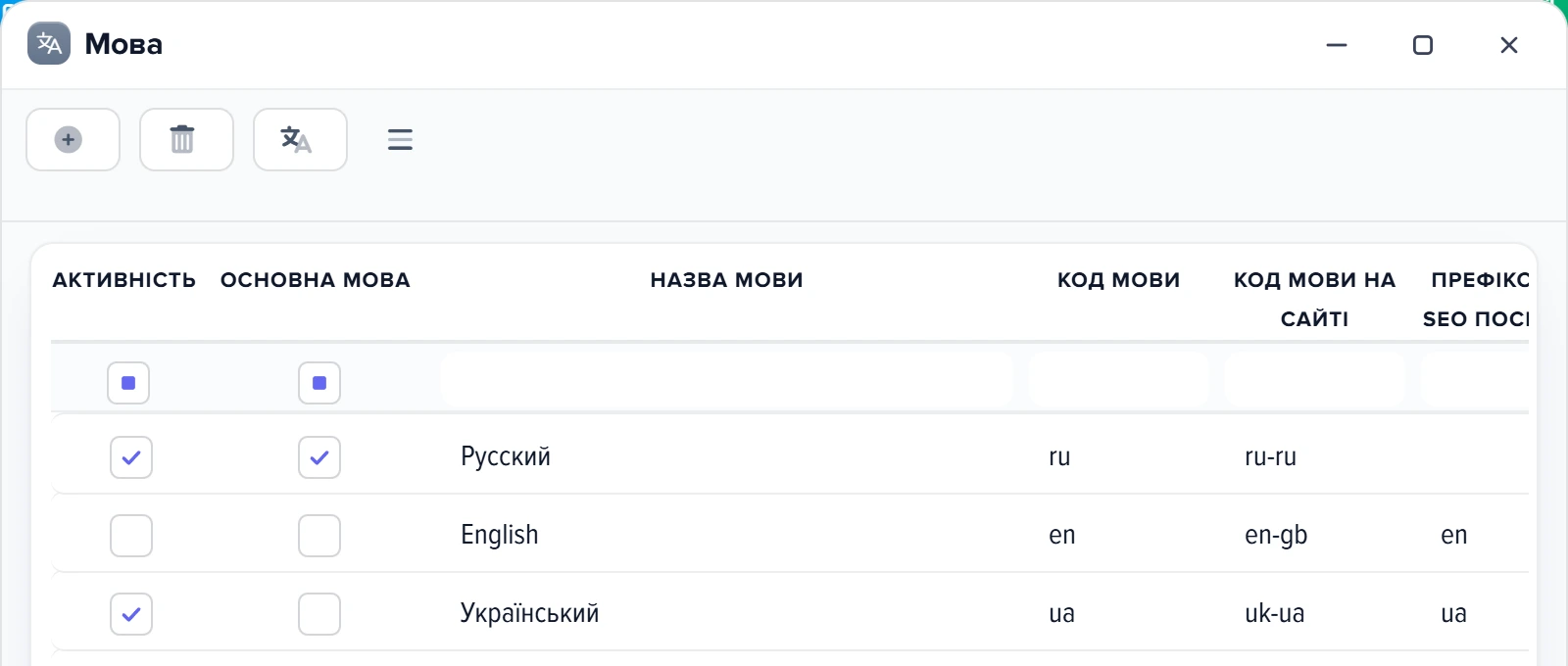 Вікно «Мова» зі значком «Переклад іншими мовами»