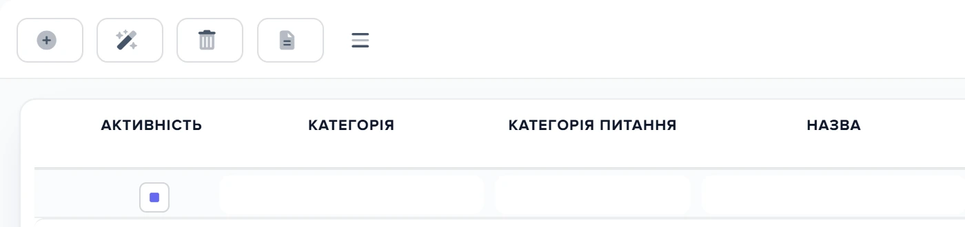 Вікно «Список частих питань», відкрите з картки категорії: на панелі інструментів є іконка чарівної палички
