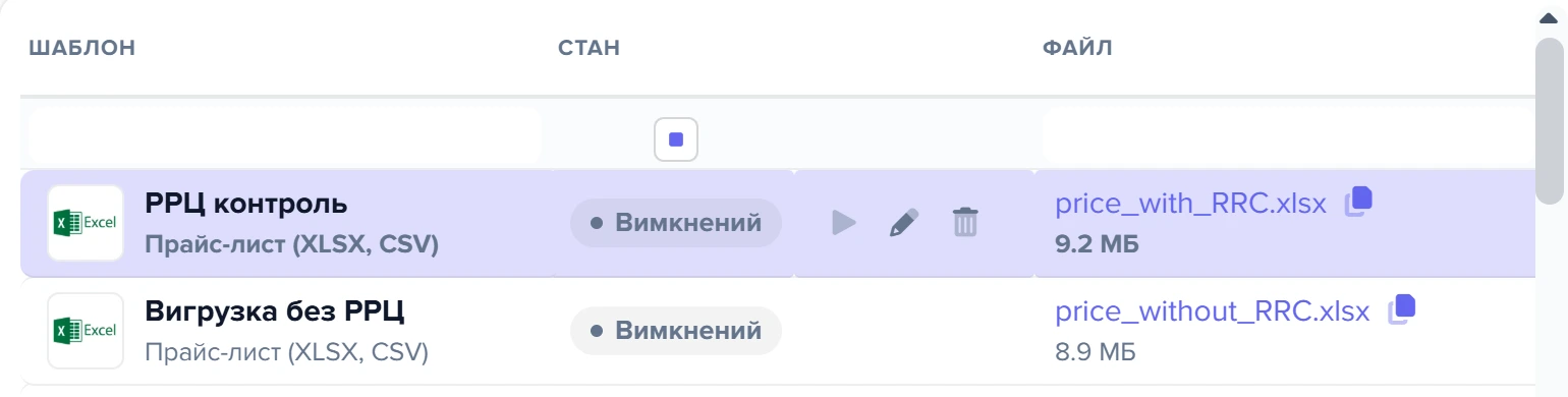 Сітка шаблонів вивантаження зі станом і посиланням на файл