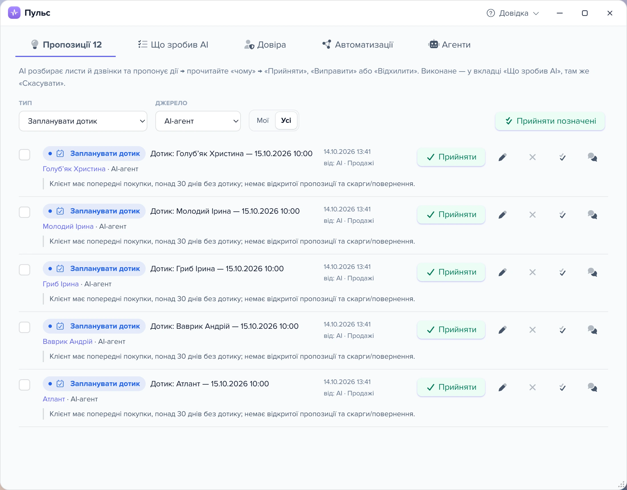 Пропозиції дотиків від «AI · Продажі» у «Пульсі» після доручення, фільтр «Джерело: AI-агент»