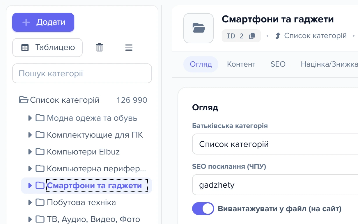Картка кореневої категорії «Гаджети» з увімкненим перемикачем вивантаження