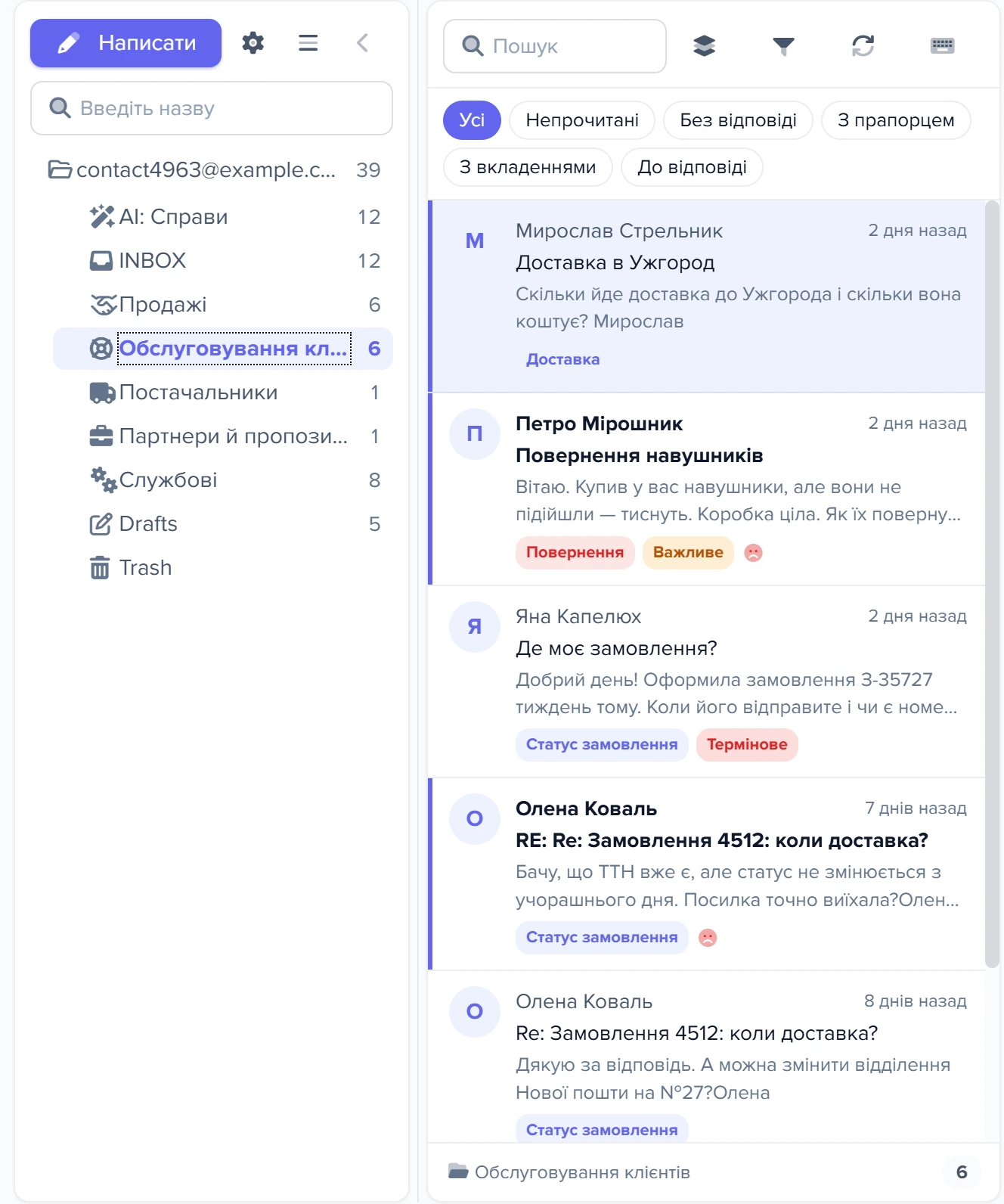 Вікно «Пошта»: дерево папок за процесами компанії та список листів папки «Обслуговування клієнтів»