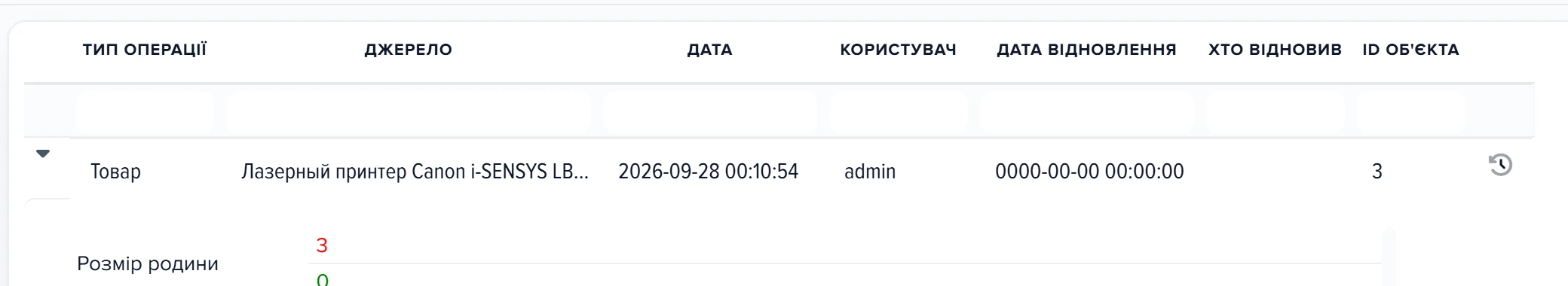 Вікно «Історія операцій» зі списком змінених товарів